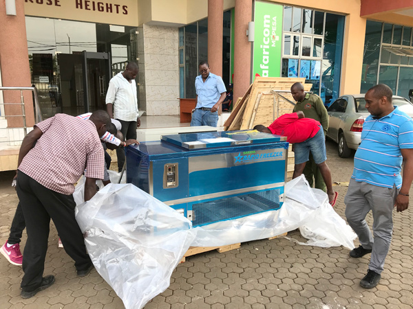 A Rapid Freezer being unpackaged in Kenya.